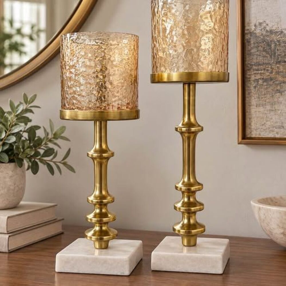 Marble Base Hurricane Candle Holders with Amber Glass – Set of 2